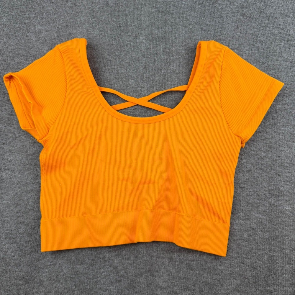 Aerie Crop Top Women's XL Orange Ribbed Strappy Criss Cross Back Short Sleeve